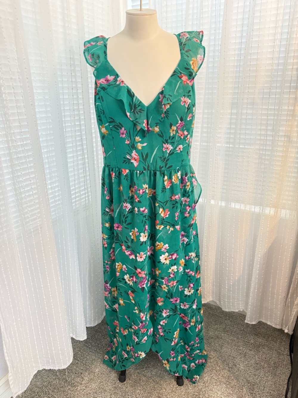 Guess Green Floral Ruffle Maxi Dress Size 12